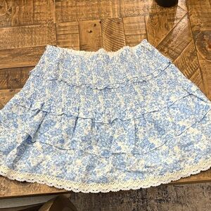 LoveShackFancy Blue and White Floral Mini Skirt